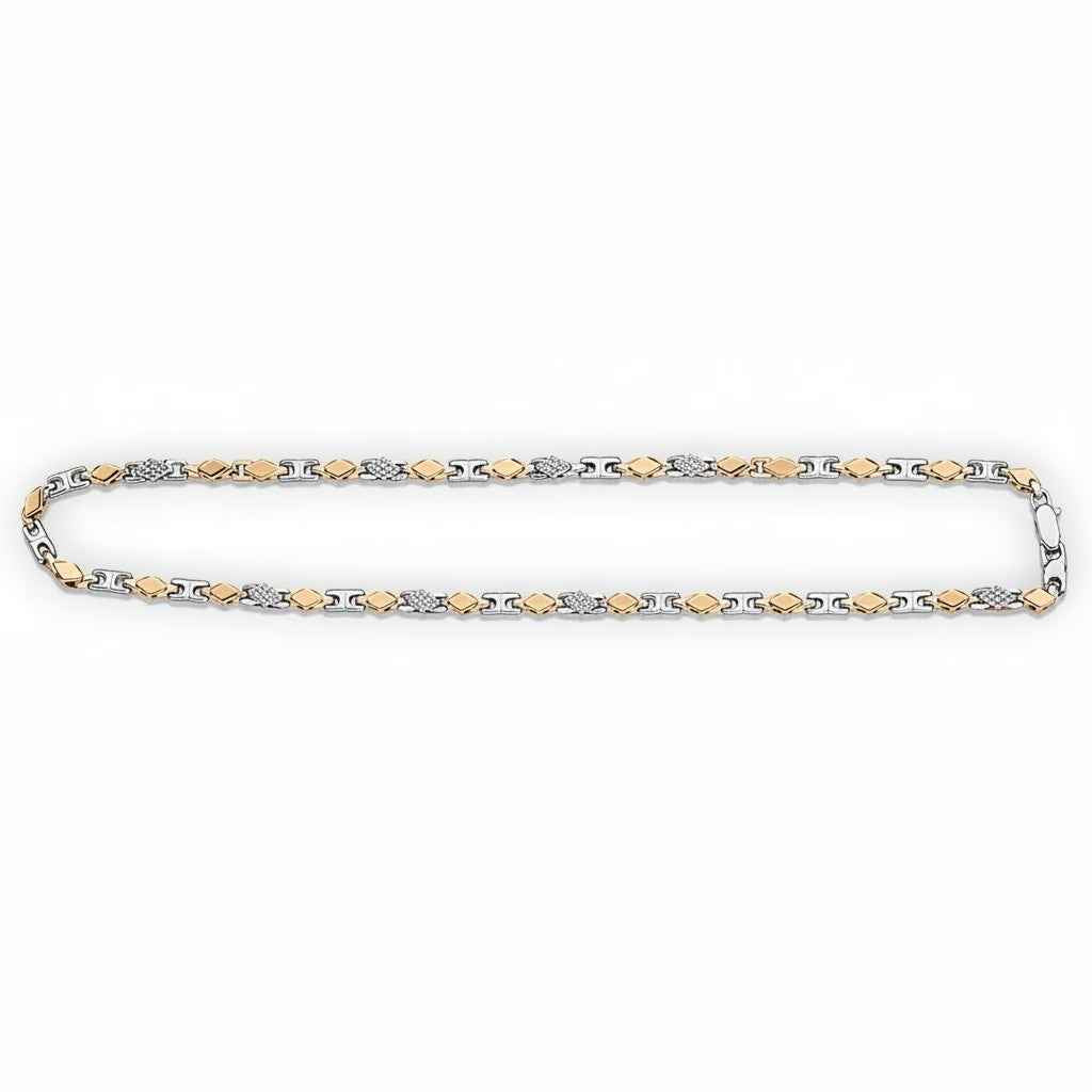 Two Tone Diamond Cut & CZ Greek Link Chain Necklace for Men in 925 Silver