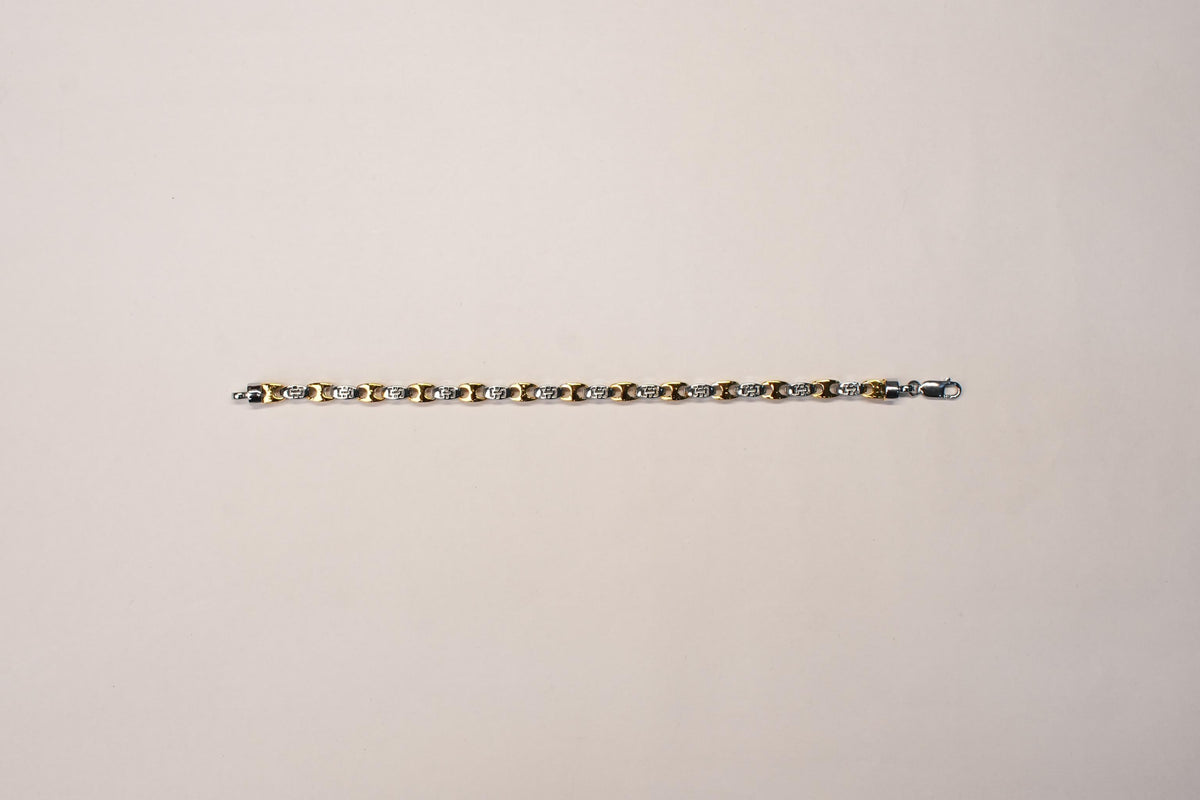 shyni jewelry men's two-tone bracelet featuring a gold and silver greek key pattern link design with a lobster clasp.
