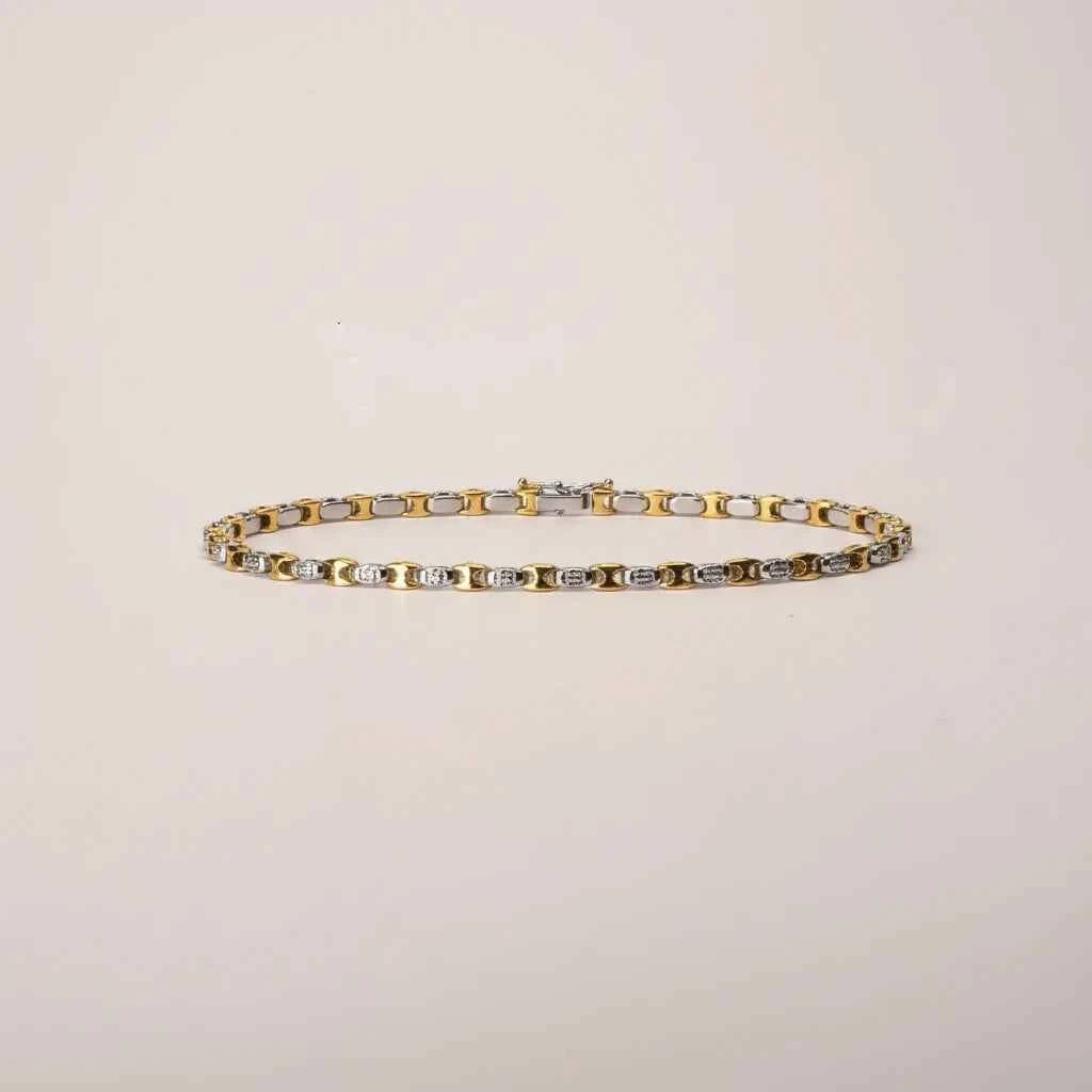 two tone greek key & cz link bracelet for men in 925 silver & gold