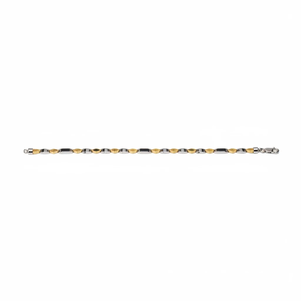 Shyni Jewelry two-tone textured link bracelet featuring alternating gold and silver-toned geometric metal links.