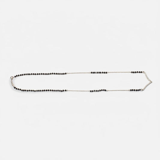 Shyni Jewelry 925 sterling silver V-shape mangalsutra with delicate black faceted beads on a fine silver chain.