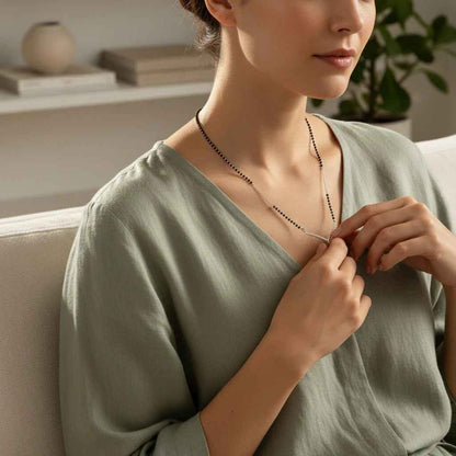 925 Sterling Silver V Shape Mangalsutra with Black Faceted Bead Mala